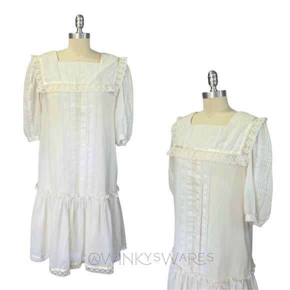 Gunne Sax Dresses & Skirts - Gunne Sax Vintage 70s Edwardian Style White Midi Dress Size 11 M Drop Waist